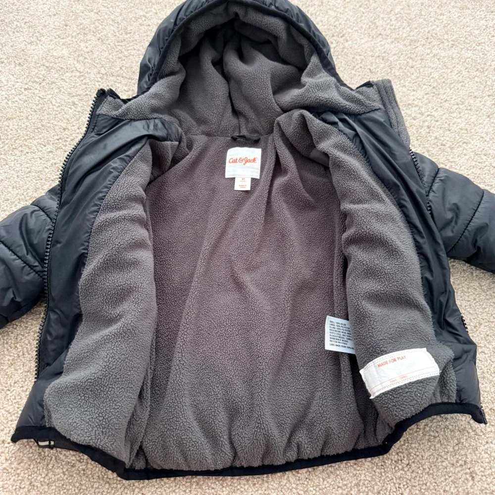 Cat & Jack Puffer Jacket Kids 2T Black Fleece Lined Hooded Quilted Coat